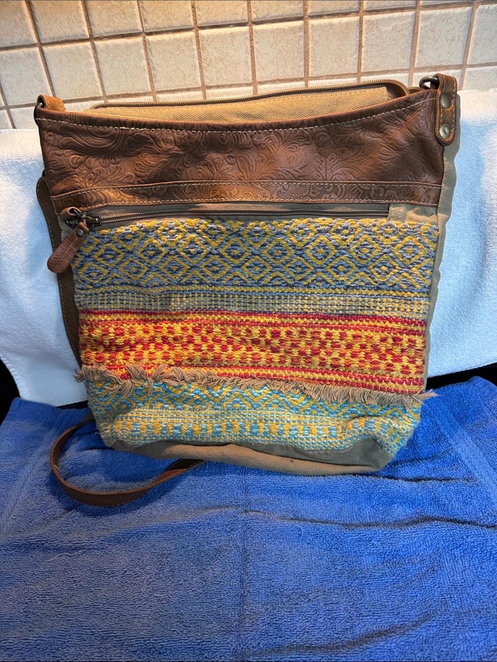 Myra Bag Multicolor Woven Shoulder Bag with Brown Trim